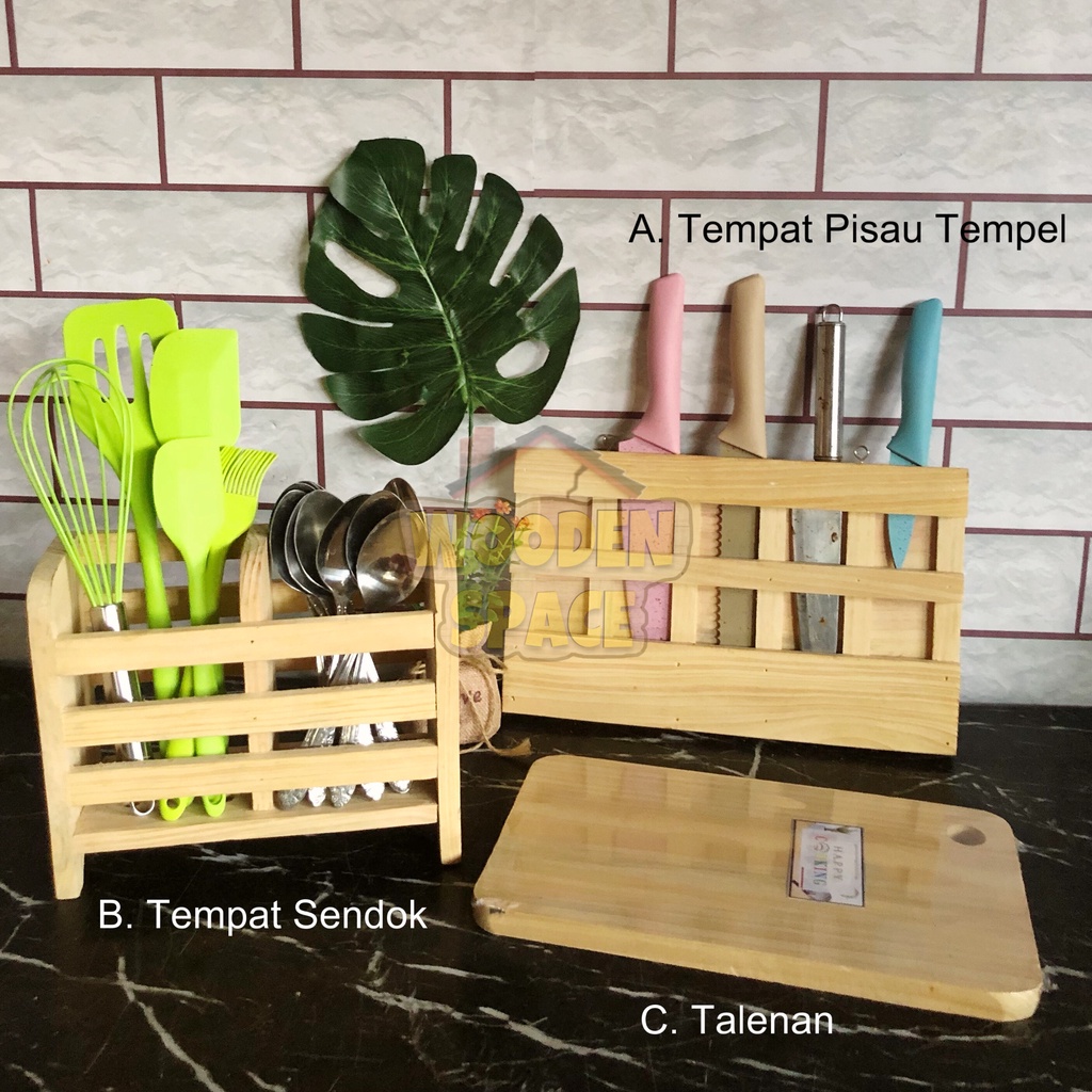 SET TEMPAT PISAU GANTUNG TEMPAT SENDOK ALAT MAKAN TALENAN BAHAN KAYU PINUS AESTHETIK