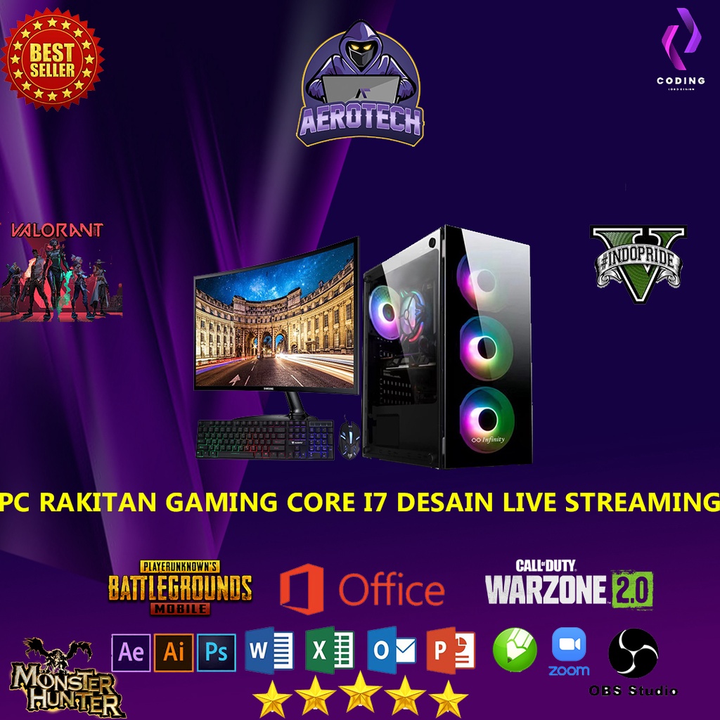 PC RAKITAN GAMING LIVE STREAMING INTEL I7 4790|RAM 16 GB|VGA GTX 1650 4 GB|SSD 256GB| LED 24 INCH EDITING DESAIN RENDERING