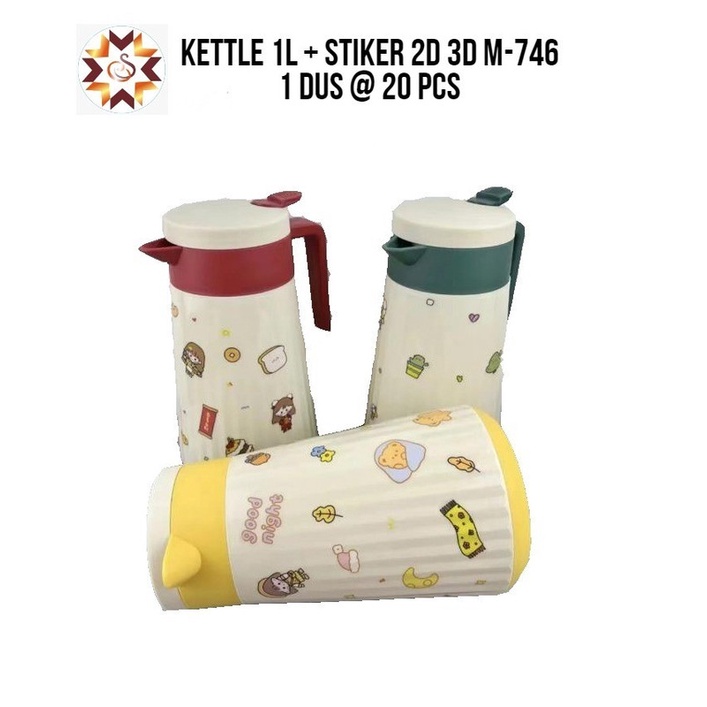 Kettle 1 L + Stiker 2D 3D M-746 Ketel Cerek Termos Teko Vacuum Flask Hot &amp; Cold