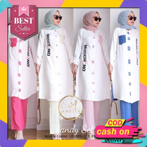 Setcel Tunik Laura Stelan Celana Long Tunik Rayon Crinkle Kancing Busui Bumil Jumbo Bigsize Xxl Kare
