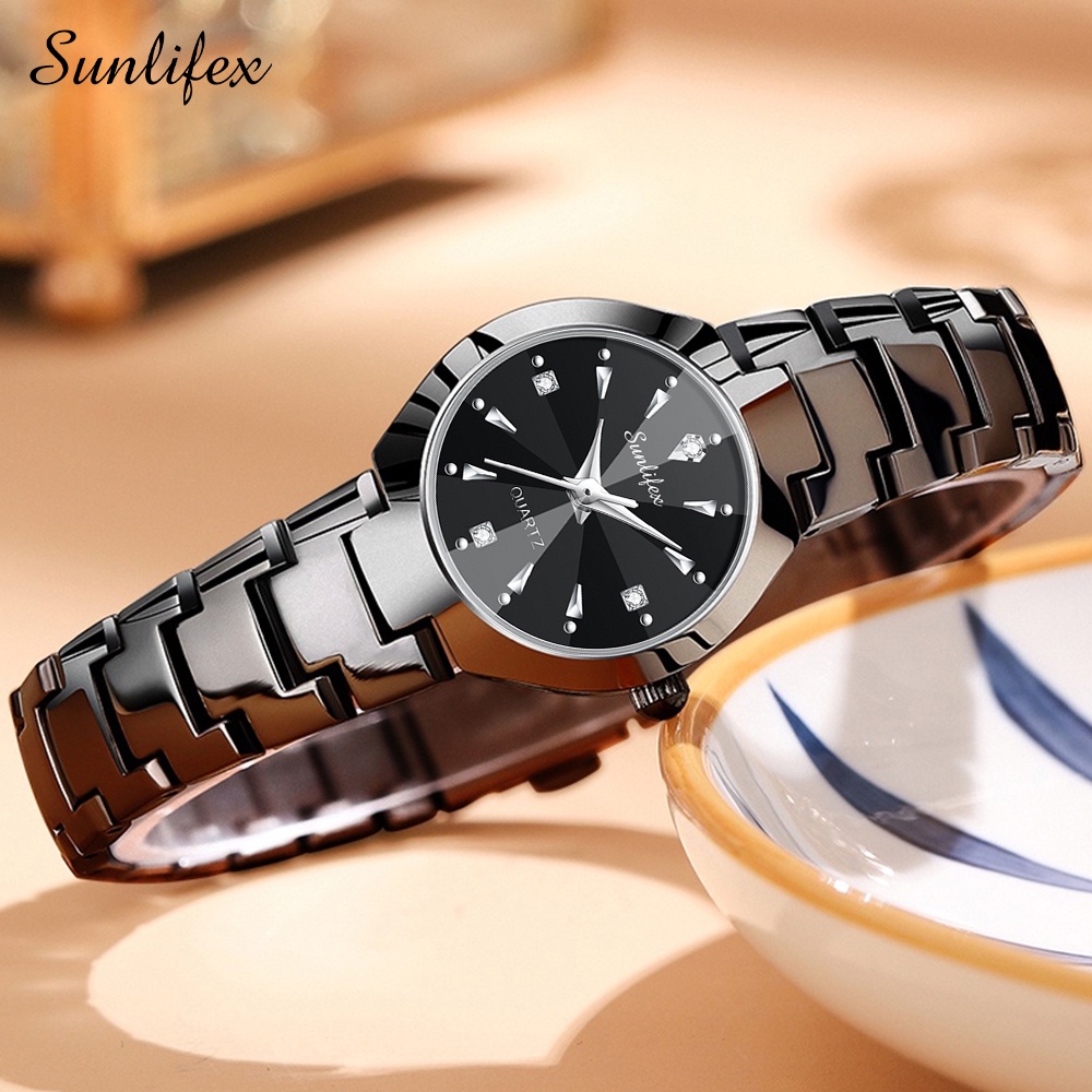 Sunlifex 9090 Jam Tangan Wanita Original Berlian Anti Air Kuarsa Bisnis Santai Wanita Jam Tangan Cewek (Kotak Gratis)-Hitam