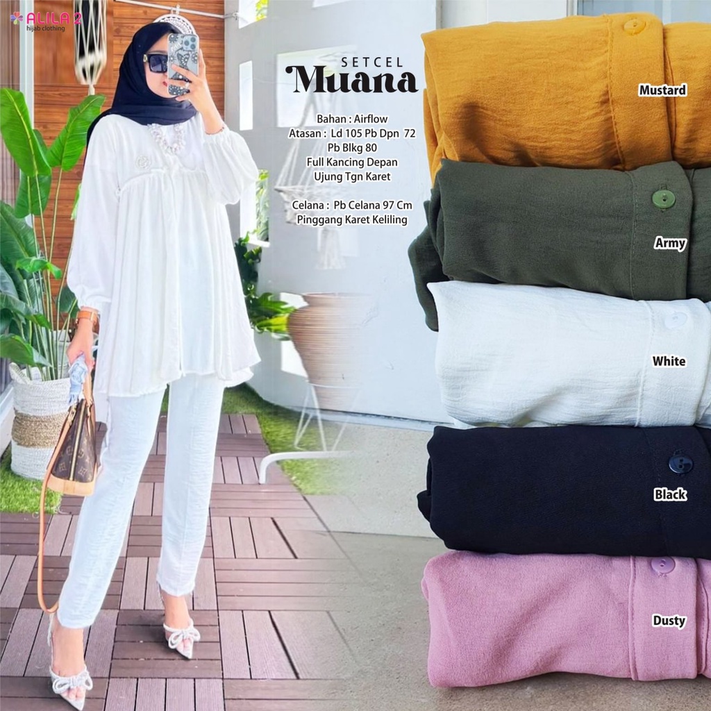 MUANA SETCEL BY ALILA SETELAN ONE SET SETCEL BLOUSE PANTS WANITA CASUAL POLOS BAHAN AIRFLOW LD 105 C