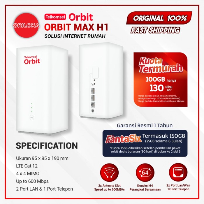 Produk Terbaru Modem Orbit Huawei Max H1 B628 Router Free Paket 150Gb - Garansi Resmi