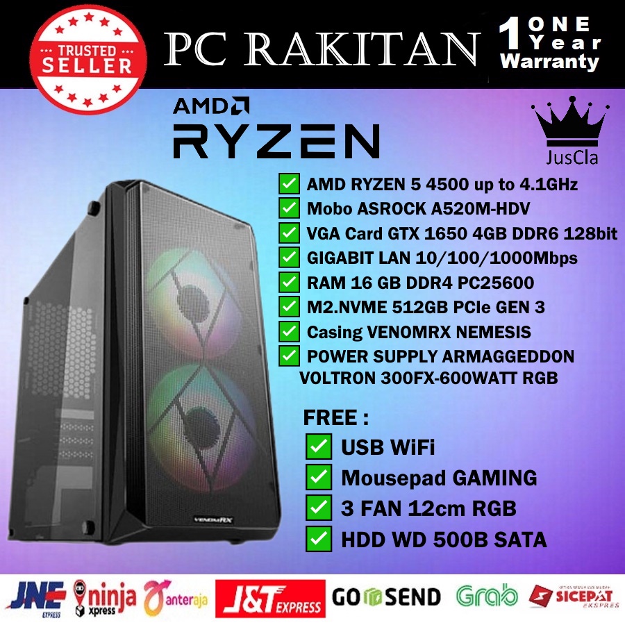 MONITOR 24&quot; + PC KOMPUTER AMD RYZEN 5 4500 4,1GHz|RAM 16GB|VGA GTX 1650 4GB|SSD 512GB NVME|HDD 500GB|KEY+MOUSE GAMING RGB|USB WIFI