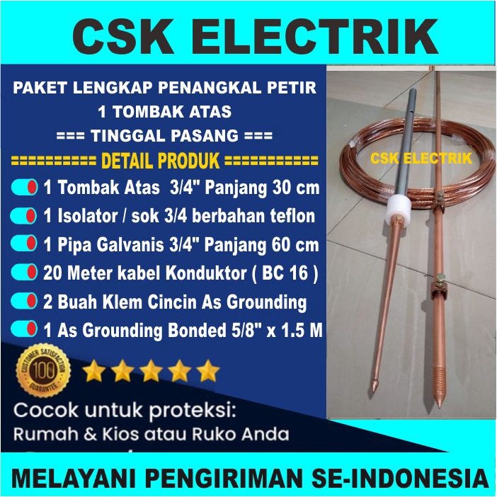 Jual Penangkal Petir 1 Tombak Atas 20 Meter Kabel Tinggal Pasang