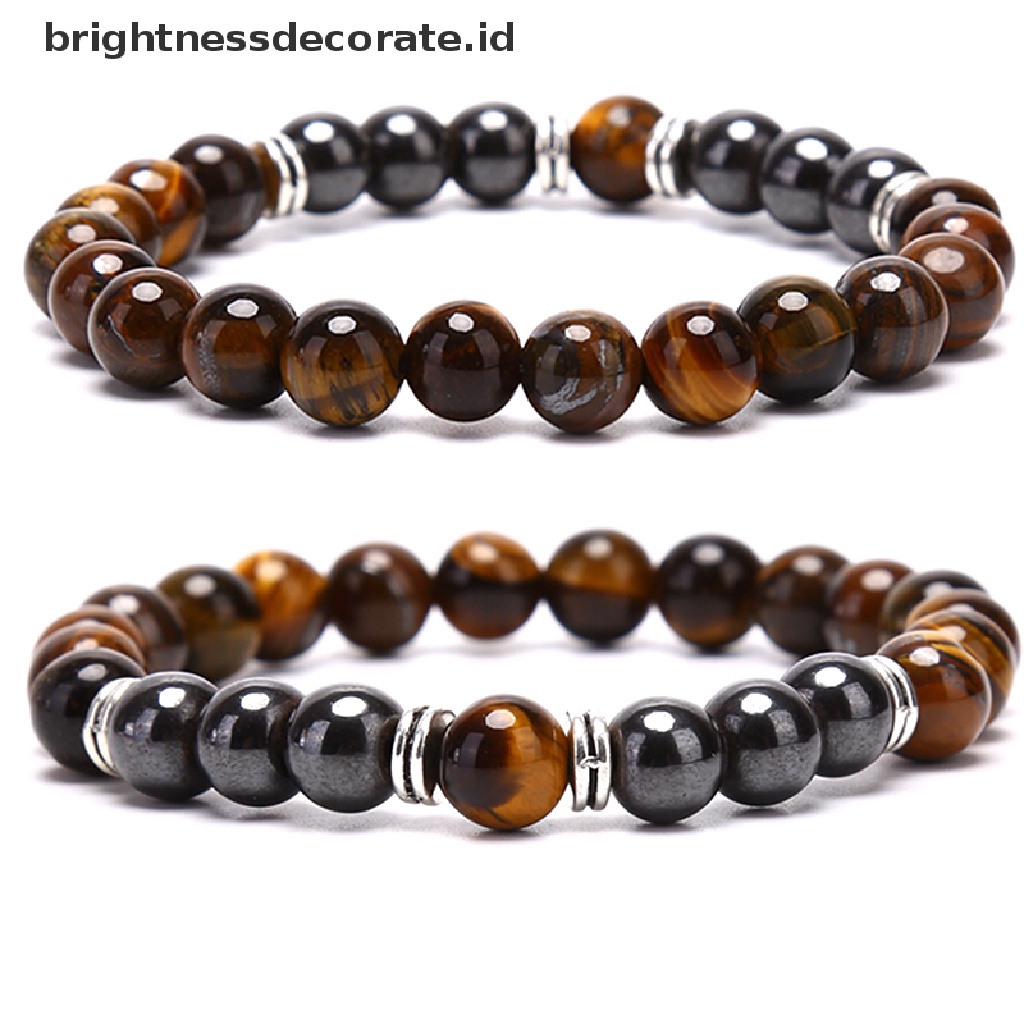 [Birth] Batu Alam Tiger Eye Beads Hematite Stretch Gelang Pria Pesona Bangle Perhiasan [ID]