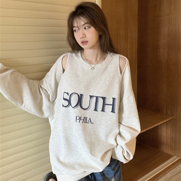 ♤✲﹍Salt letter printing sweater wanita musim gugur baru off-the-shoulder rasa desain ceruk longgar leher bulat tanpa topi top in