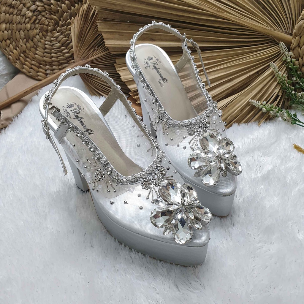 Sepatu wedding pesta cantik khansa silver payet mewah hal 12cm