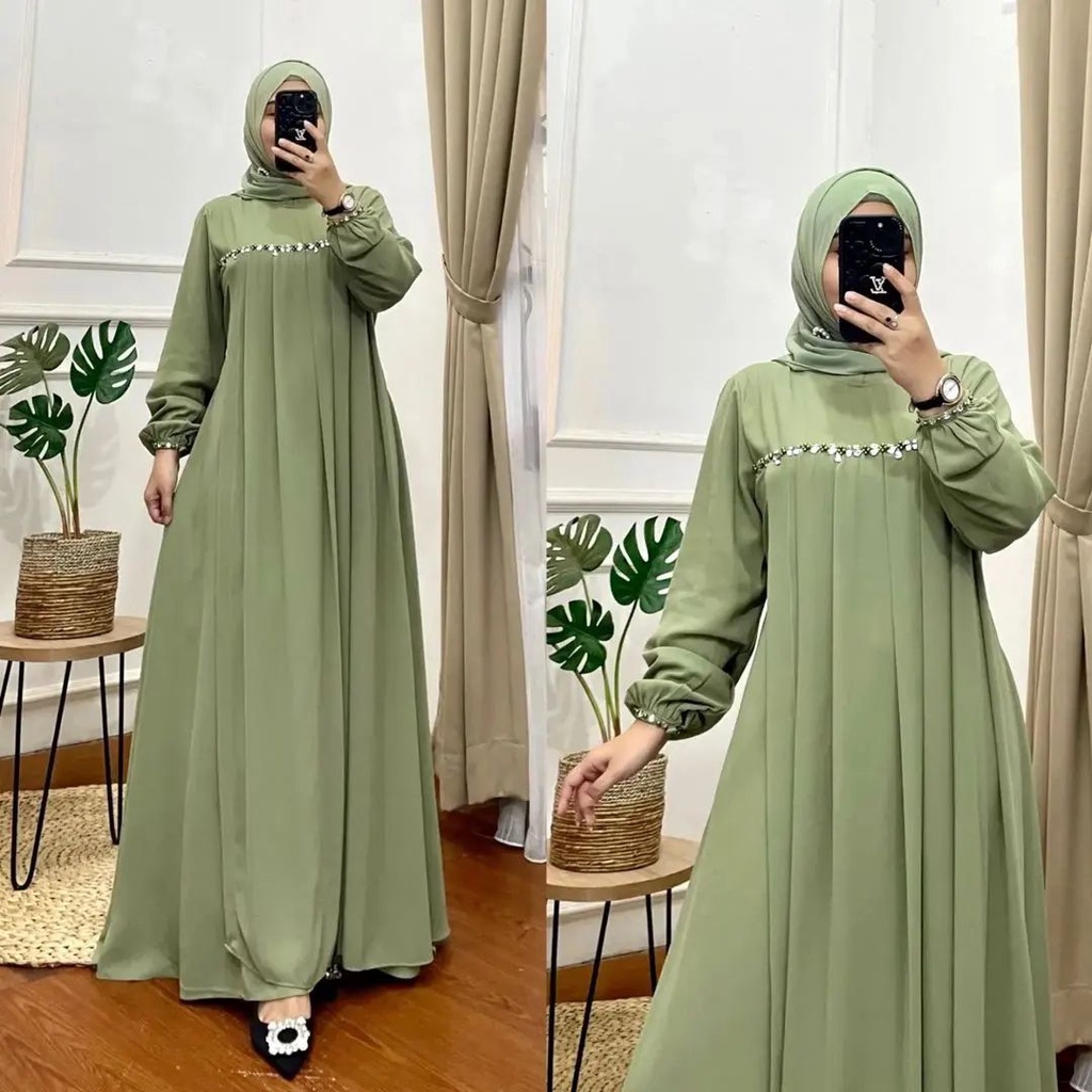 Baju Gamis Kondangan Terbaru Tamara Maxi Dress Ceruty Warna Hijau Sage Ungu Moka Dusty Fashion Musli