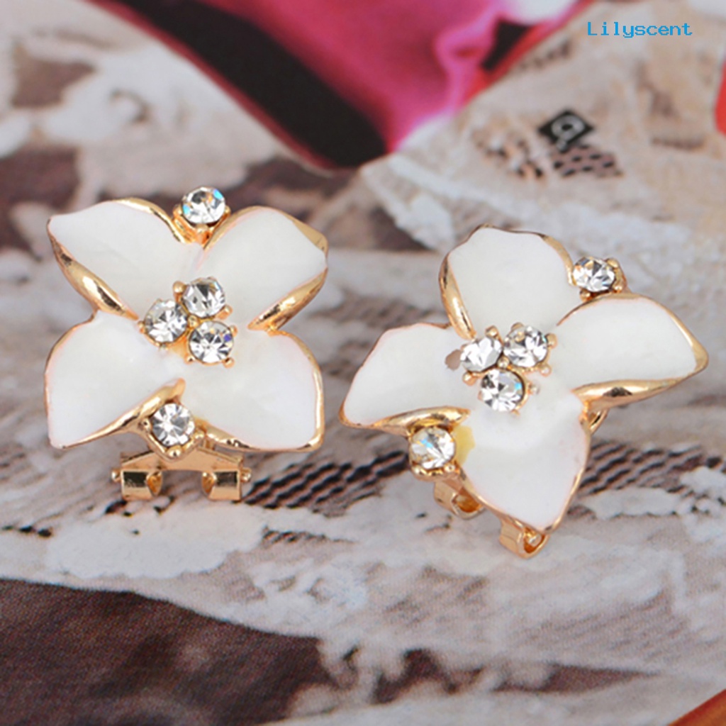 [LS] 1pasang Wanita Fashion Elegan Kristal Imitasi Camellia Ear Studs Earrings Perhiasan Untuk Pakaian Sehari-Hari