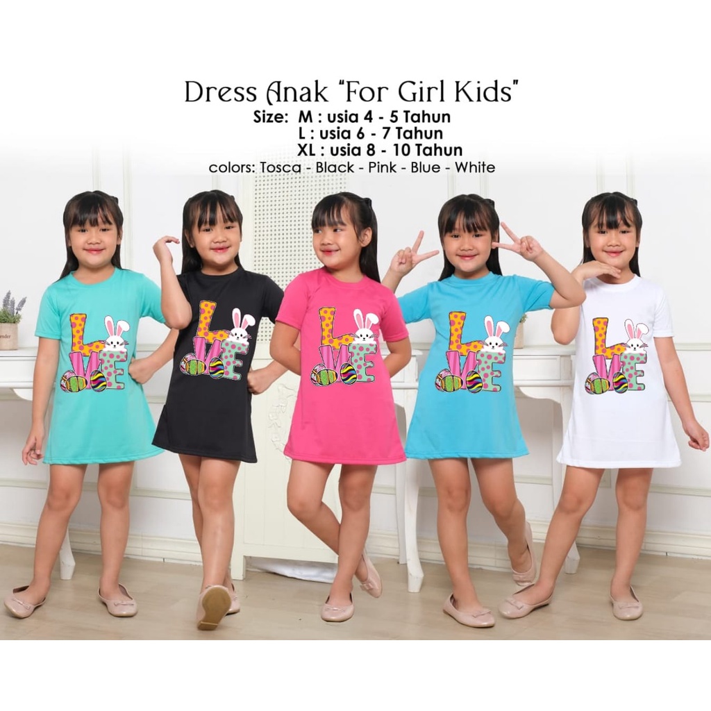 Hzl_outfit Dress For Girl Kids Love Bunny/ Dress Anak Anak Size/ M,L,XL