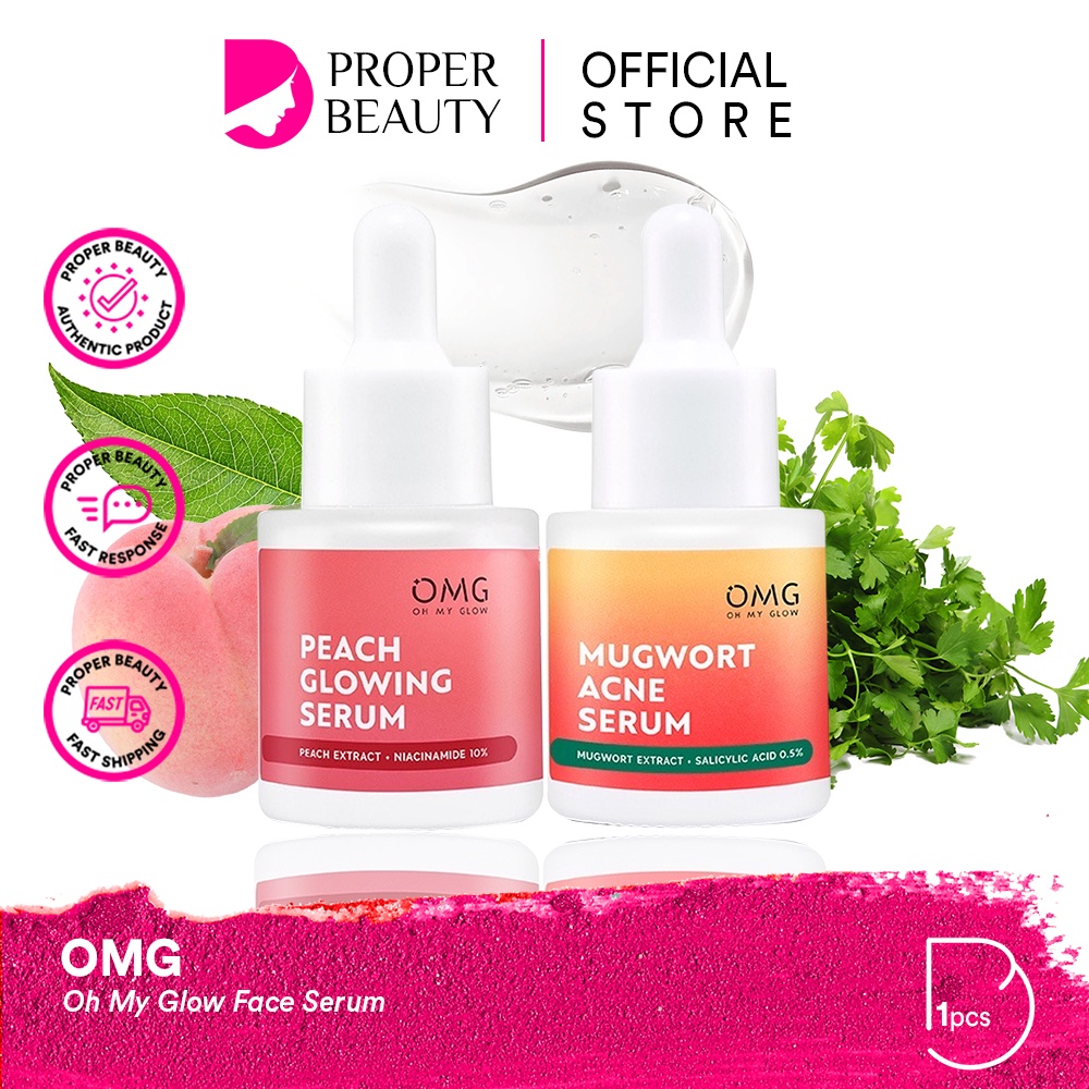 OMG Oh My Glow Face Serum Indonesia / Serum Wajah 20ml / Peach Glowing Mugwort Acne / Brightening Mencerahkan Berjerawat Jerawat Anti Aging Moisturizing Hydrating Peeling / Skincare Facial Care Perawatan Kulit Muka Series Glow Kit / Face Wash Toner Cream