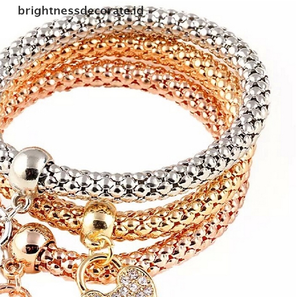 [Birth] 3pcs Wanita Fashion Ctue Pesona Kristal Berlian Imitasi Jantung Gelang Elastis Bangles [ID]