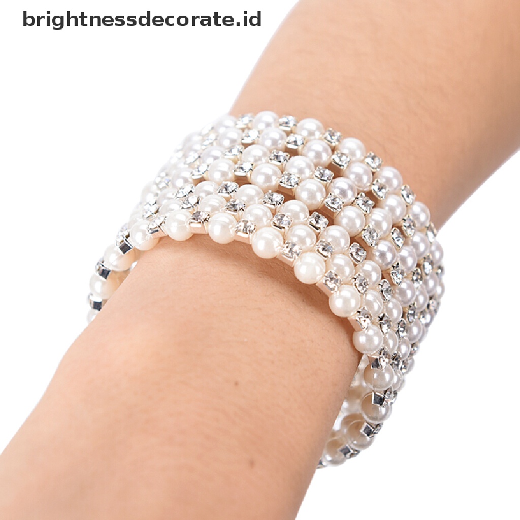 [Birth] Kristal Mutiara Multilayer Lebar Elastis Manset Gelang Bangle Wristband Perhiasan [ID]