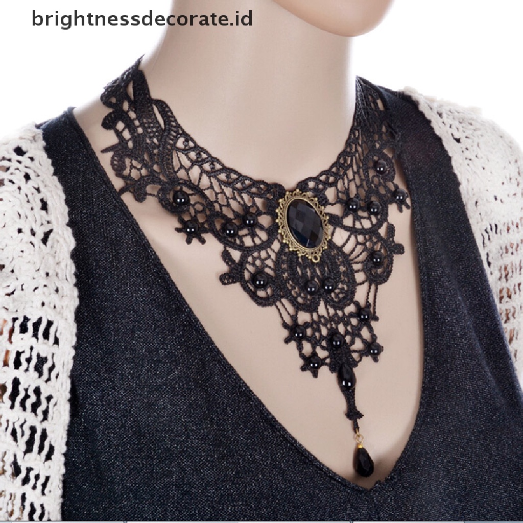 [Birth] Black Lace &amp; Beads Choker Victorian Steampunk Style Gothic Collar Kalung Hadiah [ID]