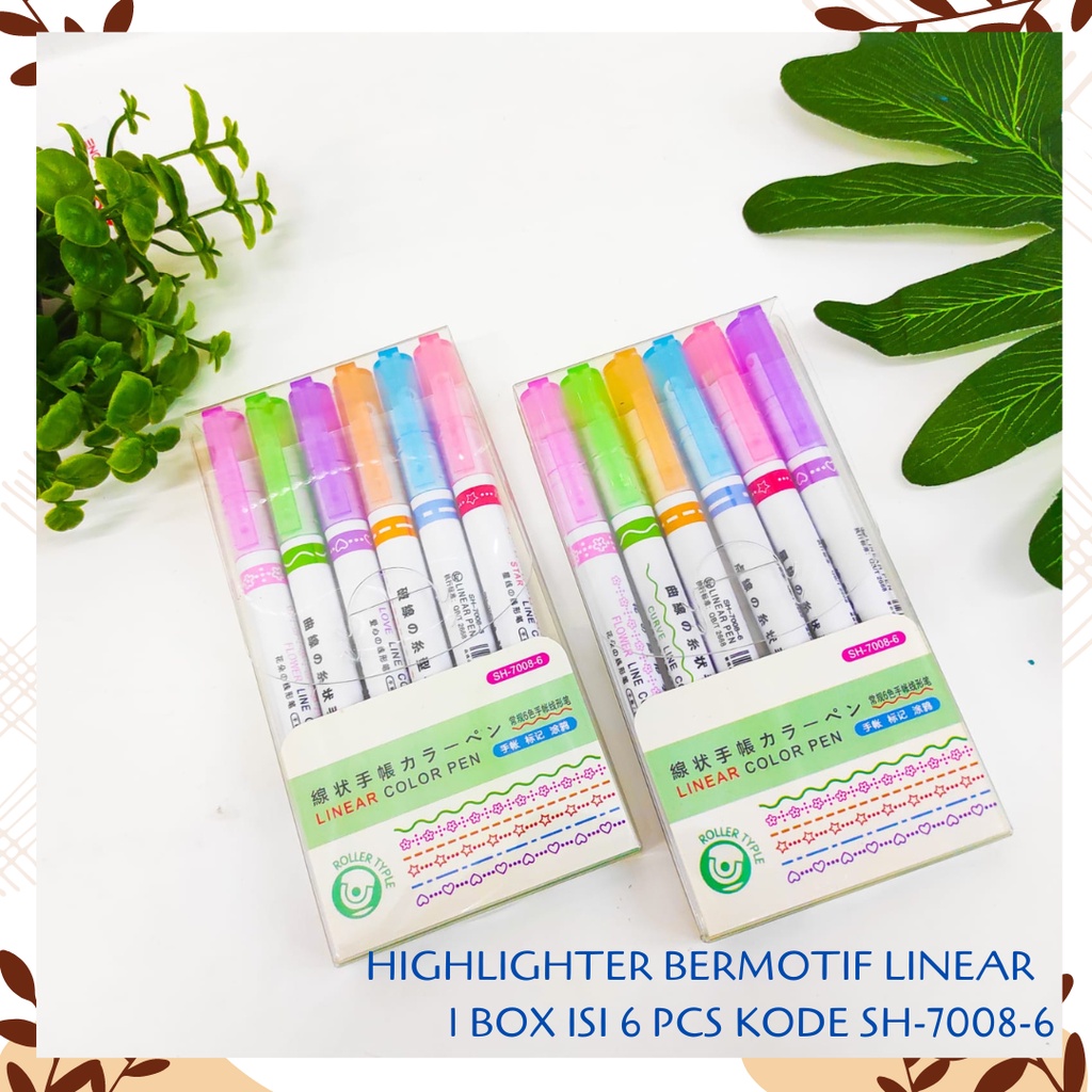 

HIGHLIGHTER BERMOTIF LINEAR COLOR PEN 1 BOX ISI 6 PCS KODE SH-7008-6 ALAT TULIS SPIDOL WARNA WARNI PASTEL