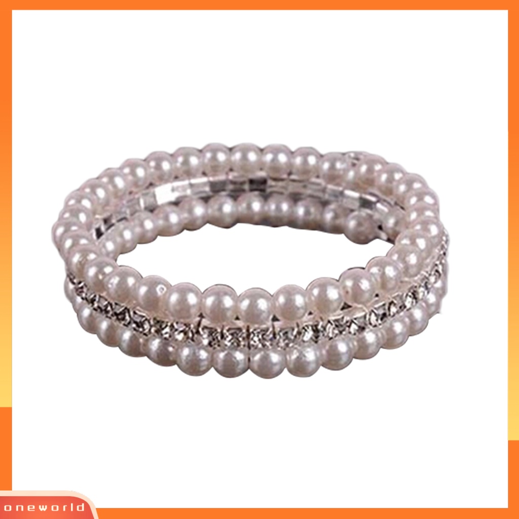 {oneworld} Fashion Wanita Elegan Putih Mutiara Imitasi Berlian Imitasi Peregangan Bangle Gelang