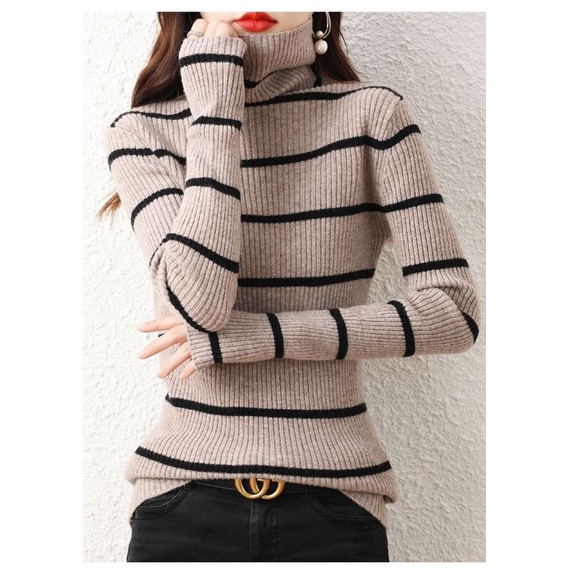 Sweater Turtleneck Salur Wanita Strip Premium