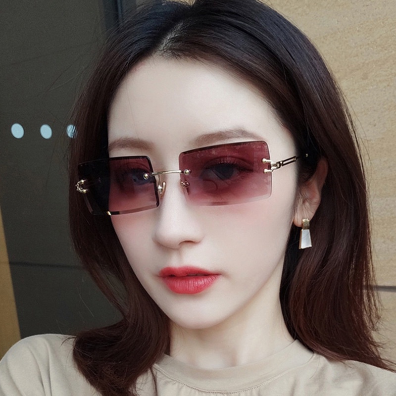 (YUZHU) Mode Baru Tanpa Bingkai Persegi Panjang Teduh Kacamata Gradien Kacamata UV400 Musim Panas Kacamata Wanita