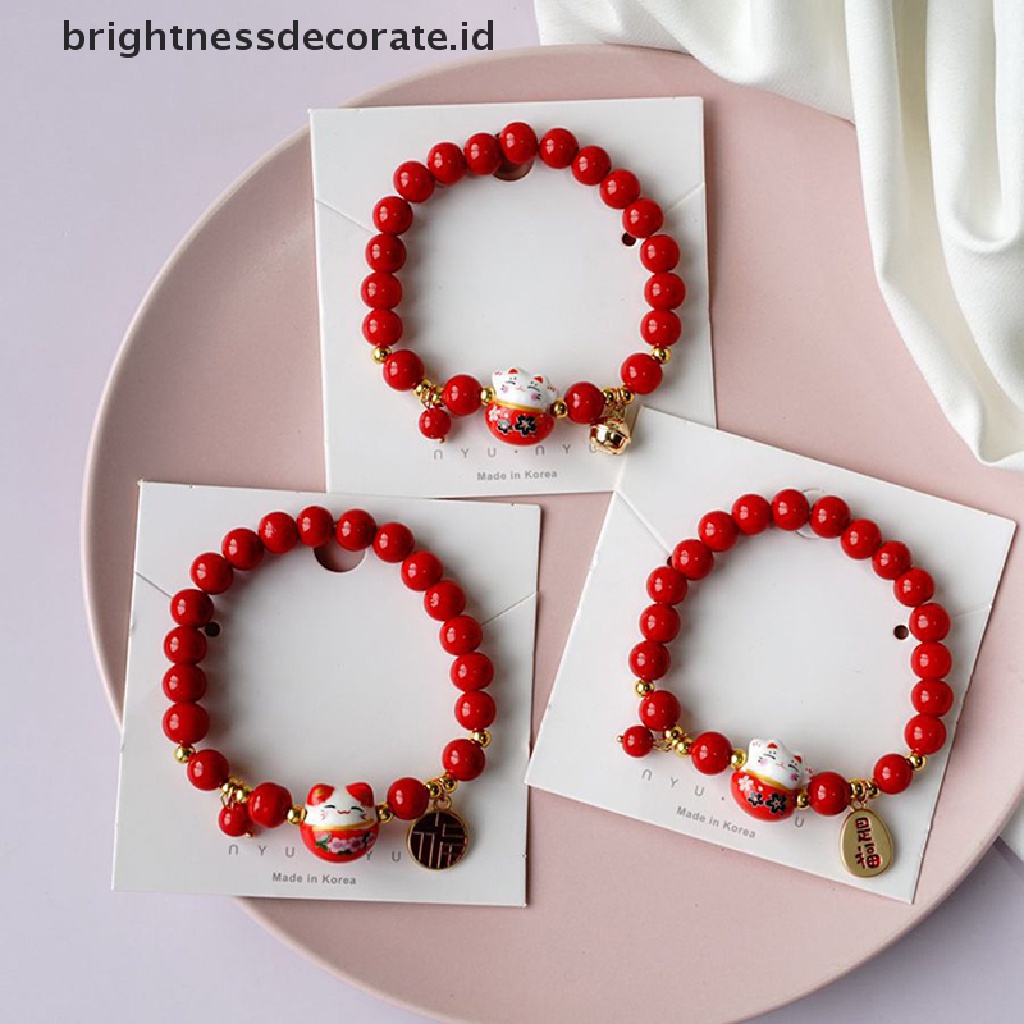 [Birth] Red Beads Ceramic Bracelet Gelang Tangan Anyaman Tali Manik Plutus Kucing Stretch [ID]