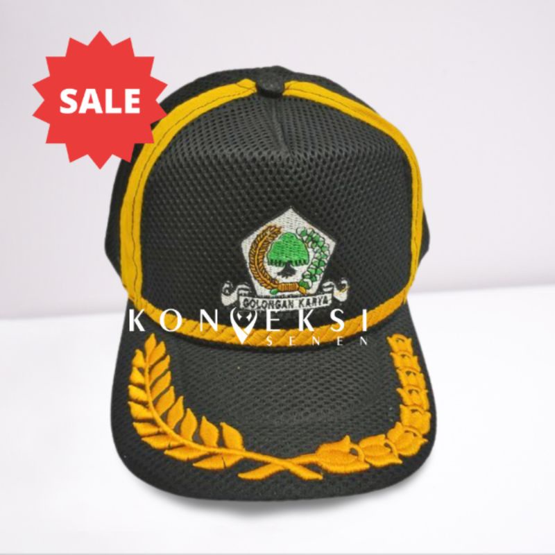 topi golkar terbaru hitam list kuning bordir