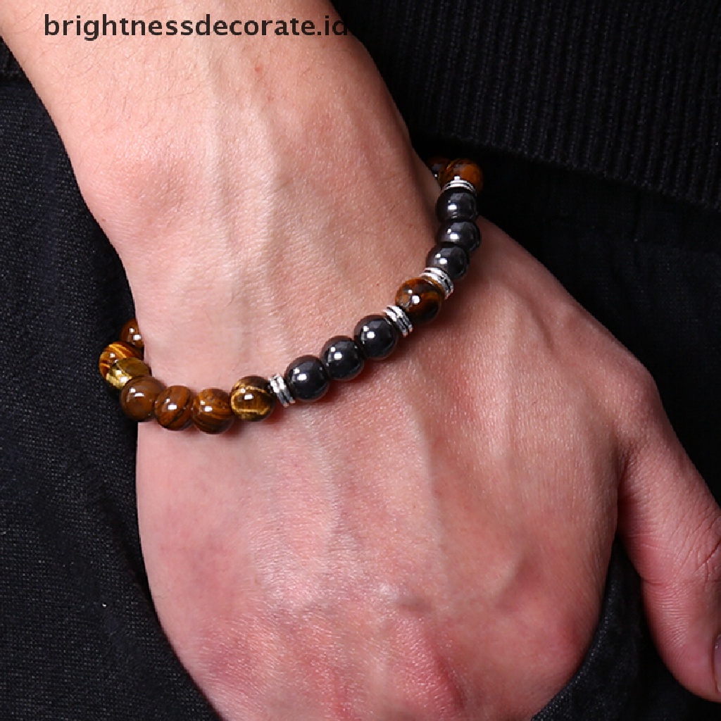 [Birth] Batu Alam Tiger Eye Beads Hematite Stretch Gelang Pria Pesona Bangle Perhiasan [ID]