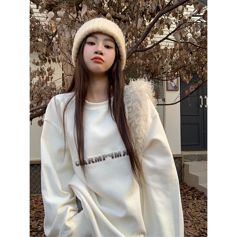 ◊✾ↂ[Pengiriman dalam waktu 24 jam] Mantel sweater leher bulat bordir huruf gaya malas wanita musim gugur garam longgar longgar all-match tanpa topi lengan panjang pullover top