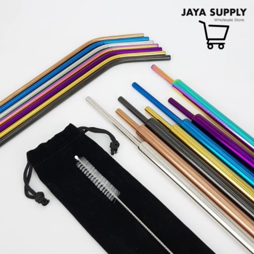 Sedotan 3 in 1 Stainless Bisa Di Cuci Besi Metal dengan sikat Pipet Straw WARNA 5 in1 SEDOTAN BOBA Kantong tas Pouch