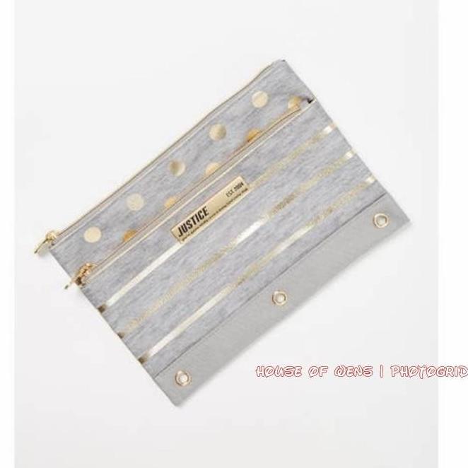 

JUSTICE GREY FOIL STRIPE AND DOT PENCIL CASE ORIGINAL - TEMPAT PENSIL UH654OIK