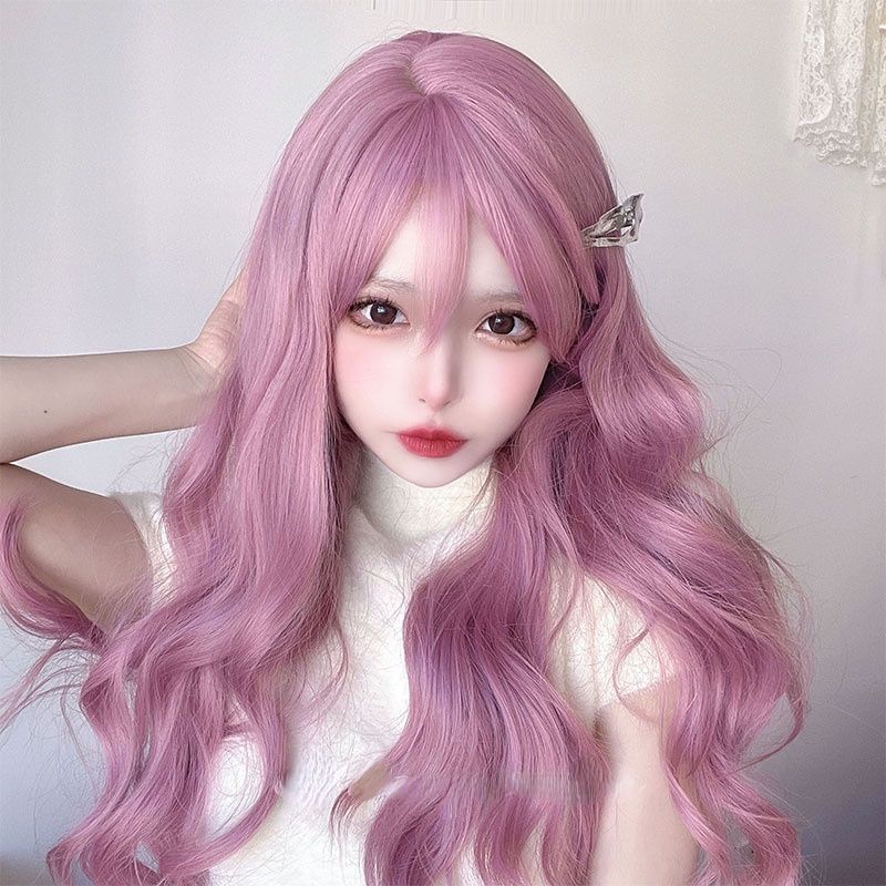 WIG RAMBUT PALSU WANITA WARNA PINK PURPLE ASH CANTIK GOTIC LOLITA ANIME COSPLAY PANJANG CURLY WAVE B