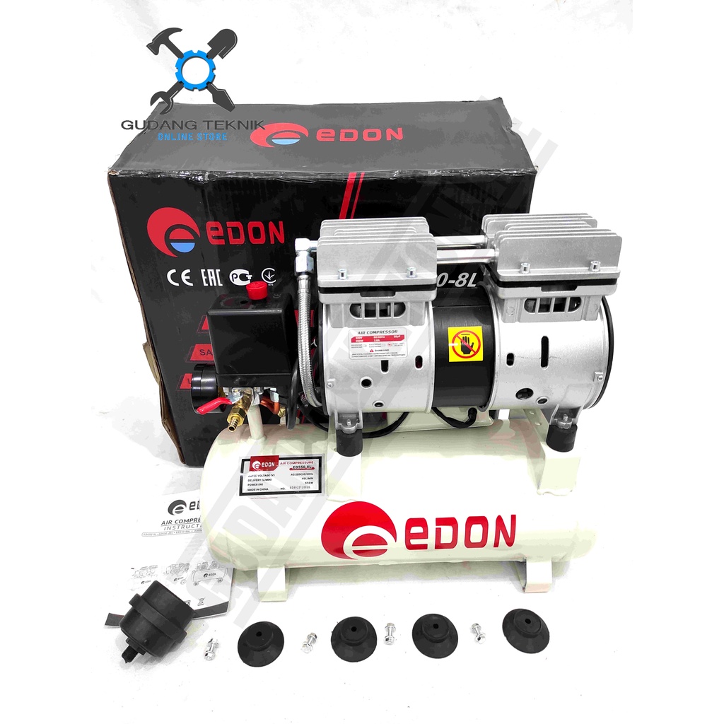 Kompresor Angin Tanpa Oli 8L EDON ED550-8L 3/4HP - Portable Air Compressor Oiless 8 Liter ED 550 3/4 HP ED 550-8L EDON