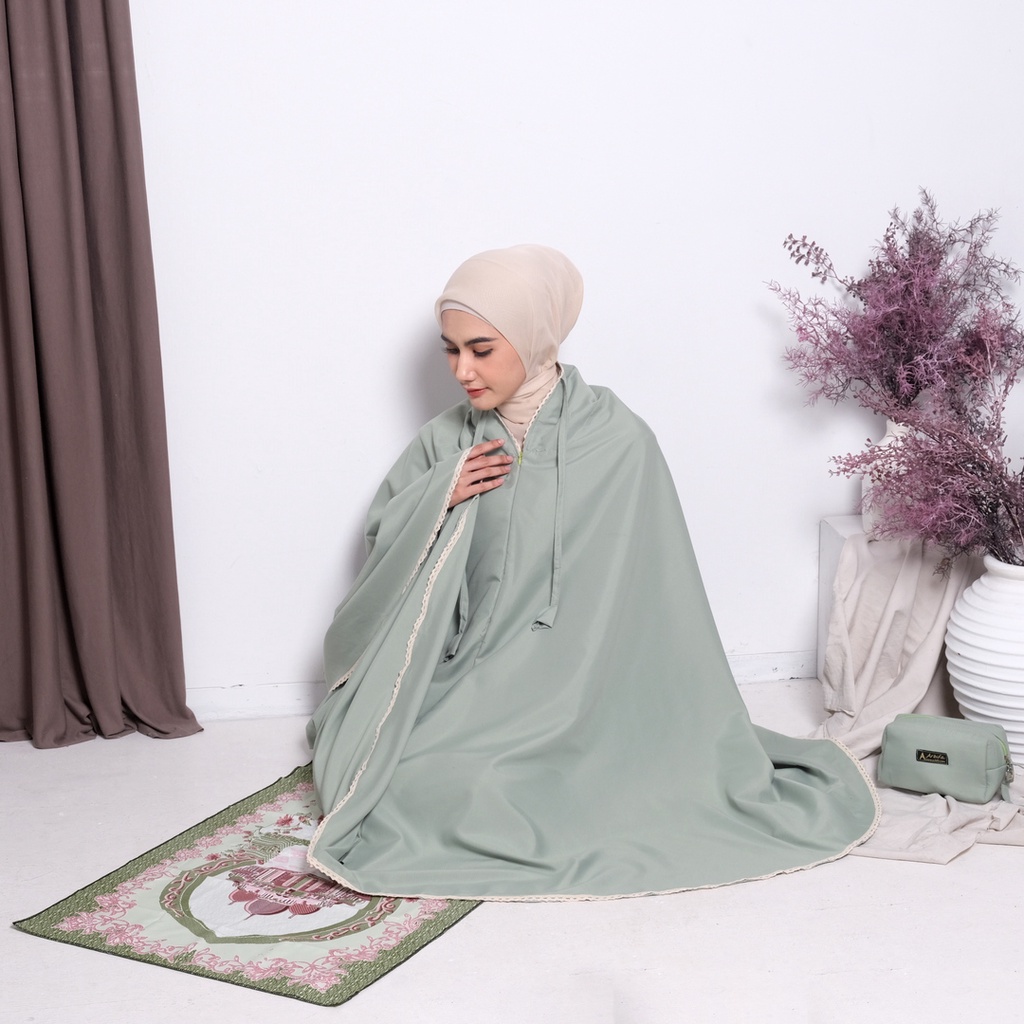 Full set Mukena 2 in 1 + Sajadah Syabina Katun Ponco Traveling Dewasa Resleting dagu