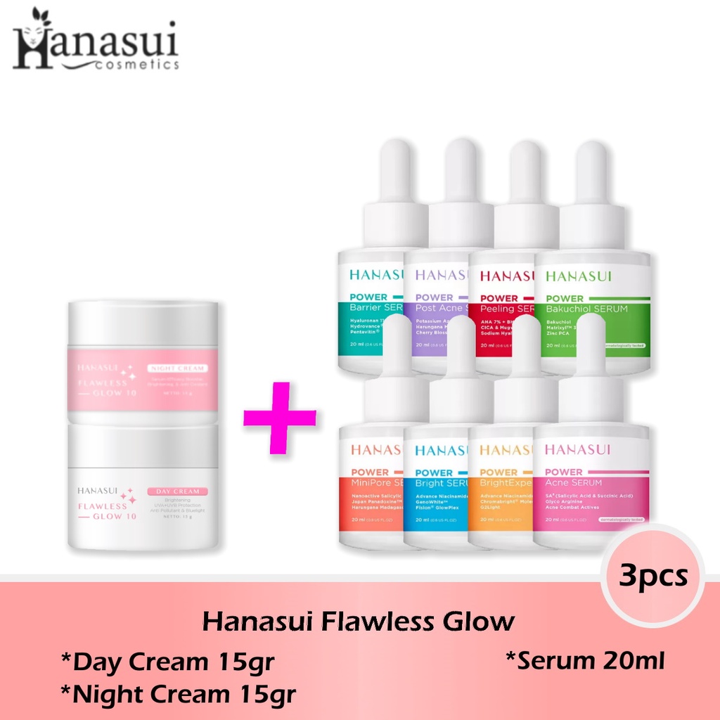 Paket Hanasui Flawless Glow 10 + Power Serum 3pcs (day cream +night Cream+serum)