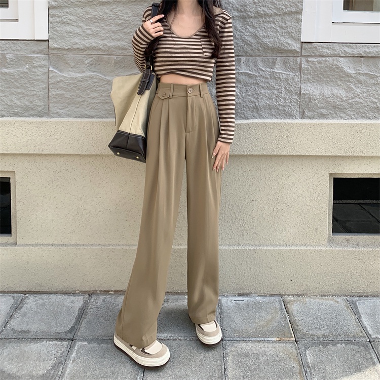 Khaki / Hitam Highwaist Kasual Loose Celana Panjang Wanitan / Celana Setelan Korea Style