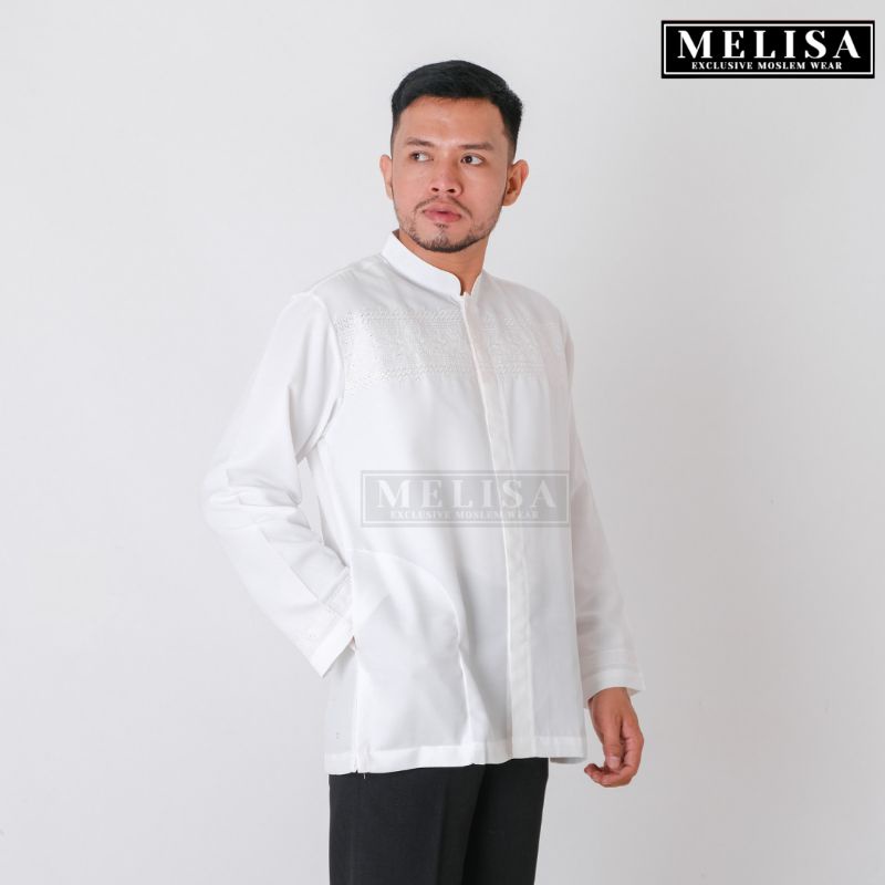 baju koko pria lengan panjang warna putih tulang bahan poli katun motif bordir size M L XL