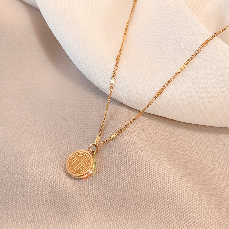 Kalung Dua Sisi Merek Kebahagiaan Gaya China Kalung Liontin Bulat Beruntung Korea