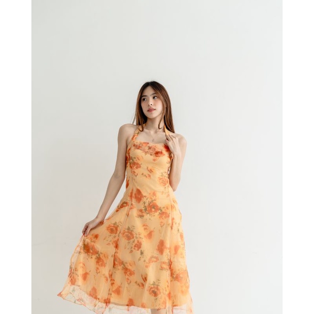 [ Kyomi ] Cathrine Dress Gaun Wanita Motif Bunga Korean