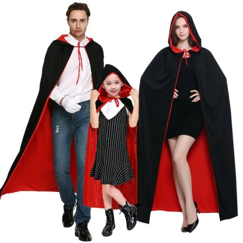 Kostum Jubah Vampir Hitam Merah | Jubah Halloween Plush Hoodie | Jubah Anak &amp; Dewasa