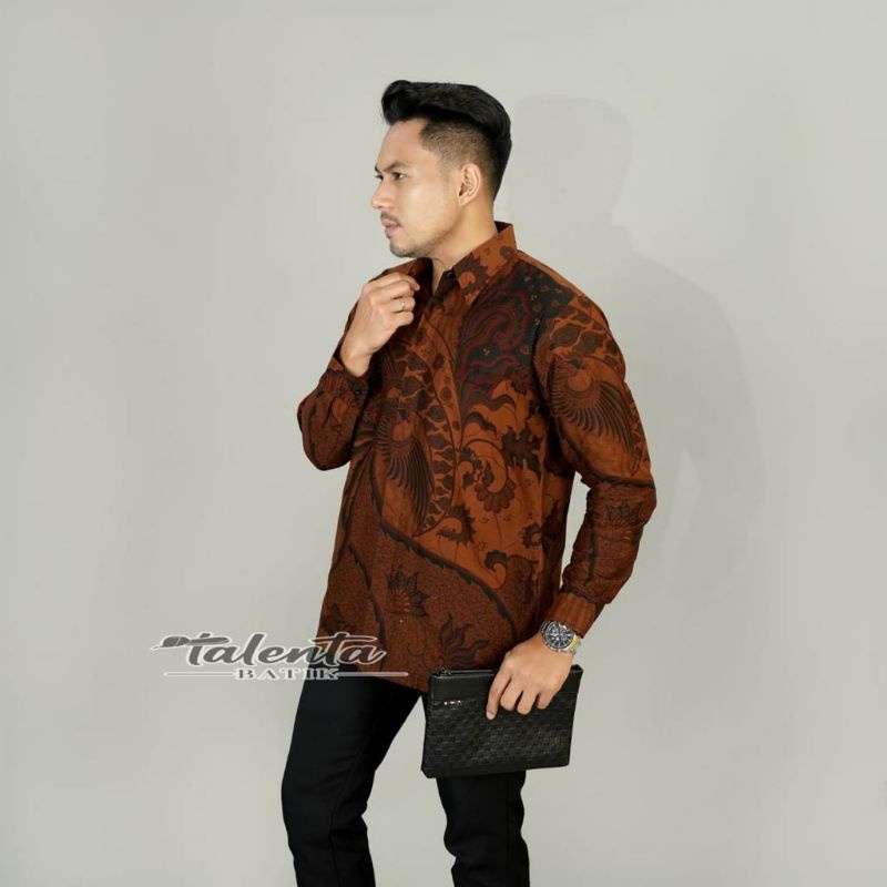 Batik kemeja pria lengan pendek &amp; panjang bahan katun baturaden reguler coklat sogan