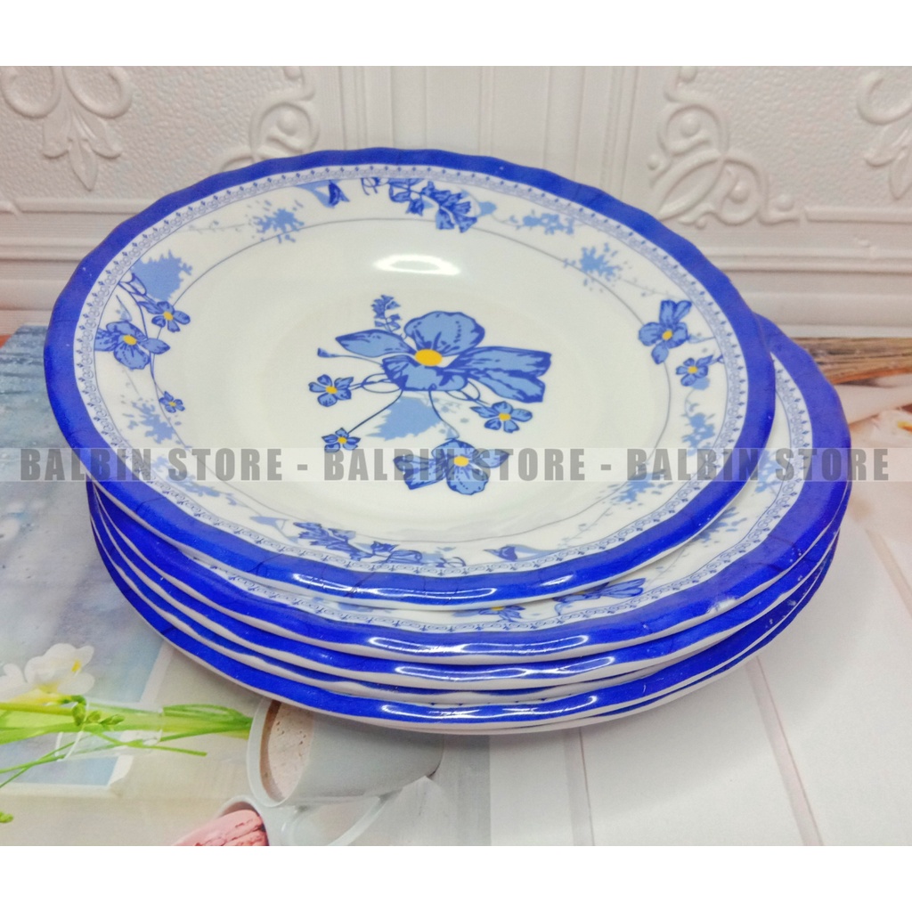 6 PCS  PIRING MAKAN MELAMINE TEBAL UKURAN BESAR 23 CM MOTIF BLUE ROSE SNI FOOD GRADE - PIRING MELAMIN