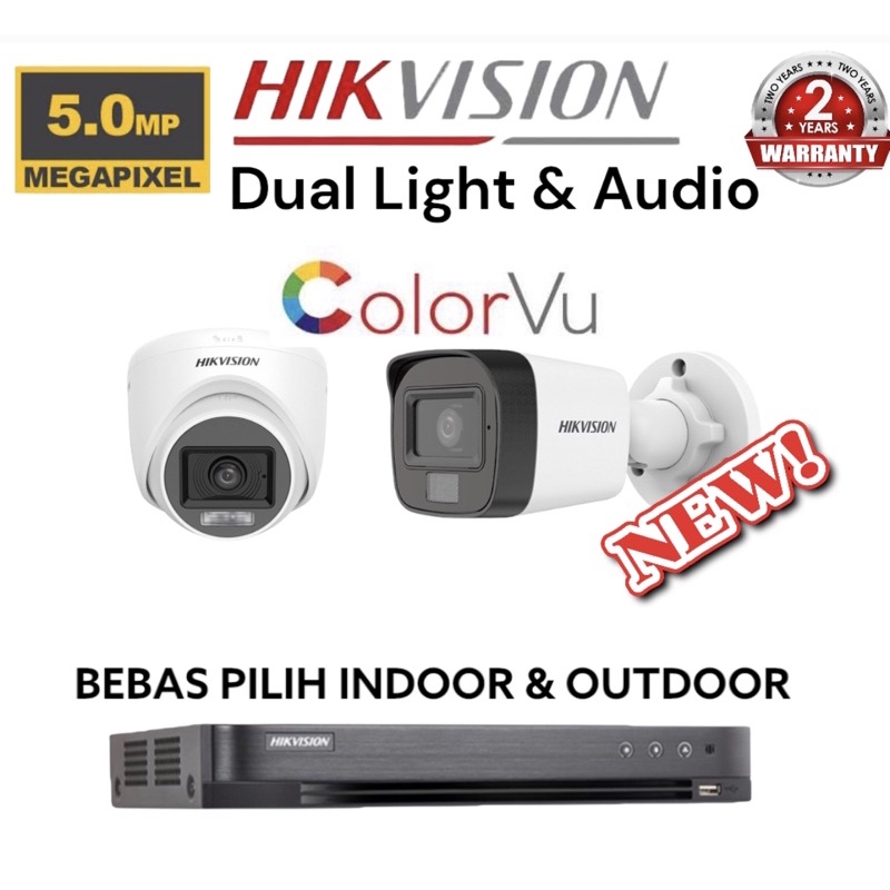 paket camera cctv 2 kamera hikvision 5mp dual light colorvu + audio build built in mic 4 channel ch bisa rekam suara 4ch