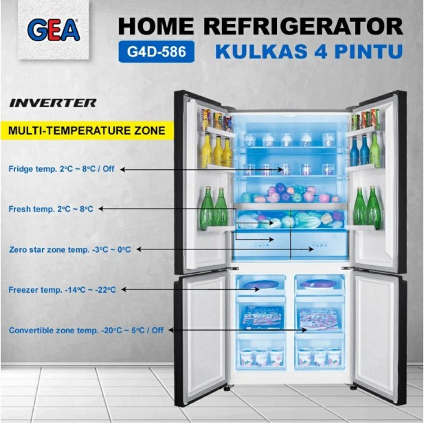 GEA Kulkas 4 Pintu Side by Side 586L Inverter G4D-586 Black Glass 180W