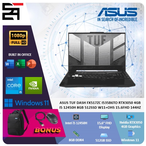 Asus Tuf Dash FX517ZC RTX3050 4GB i5 12450H 8GB 512GB SSD W11+OHS 15.6 Inchi FHD 144Hz Blit