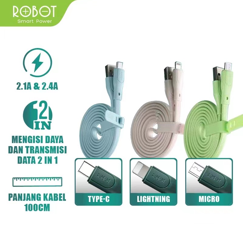 Kabel Data Lightning ROBOT RGL100 Fast Charging 2.1A Original Garansi Resmi 1 Tahun