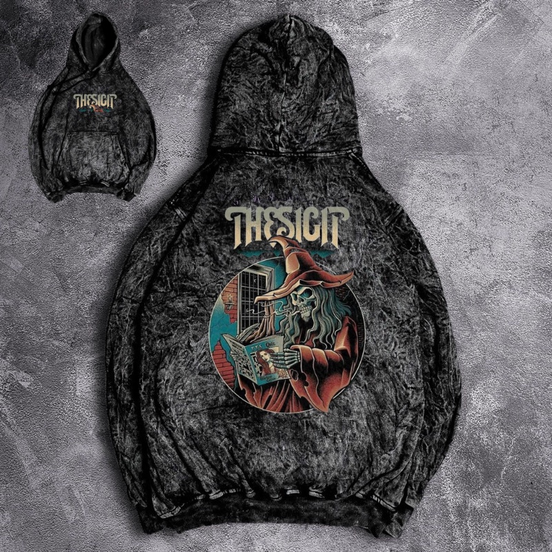 Jaket Pria Hoodie Sandwash Motif Satanic Casual Good Brand Quality Washed Grey