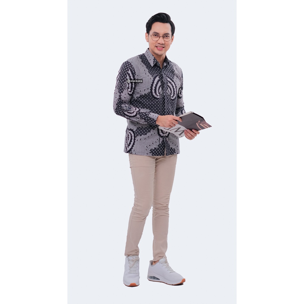 Baju Kemeja Batik Pria Lengan Panjang Slim Fit Premium Modern Full Furing Katun Halus Original Handara Motif Kapal Kandas Abu HB-308