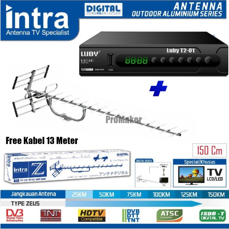 Paket Set Top Box Luby DVB T2 01 dan Antena TV Digital Intra Zeus Original