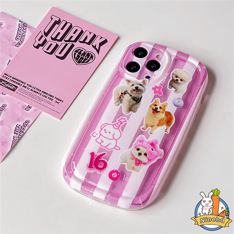 IPHONE Casing Kompatibel Untuk Iphone14 13 12 11 Pro Max X Xr Xs Max8 7 6 6s Plus SE 2020 Ins Cute Dog Pink Stripe Phone Case Silikon Transparan Shockproof Soft Case Cover Pelindung