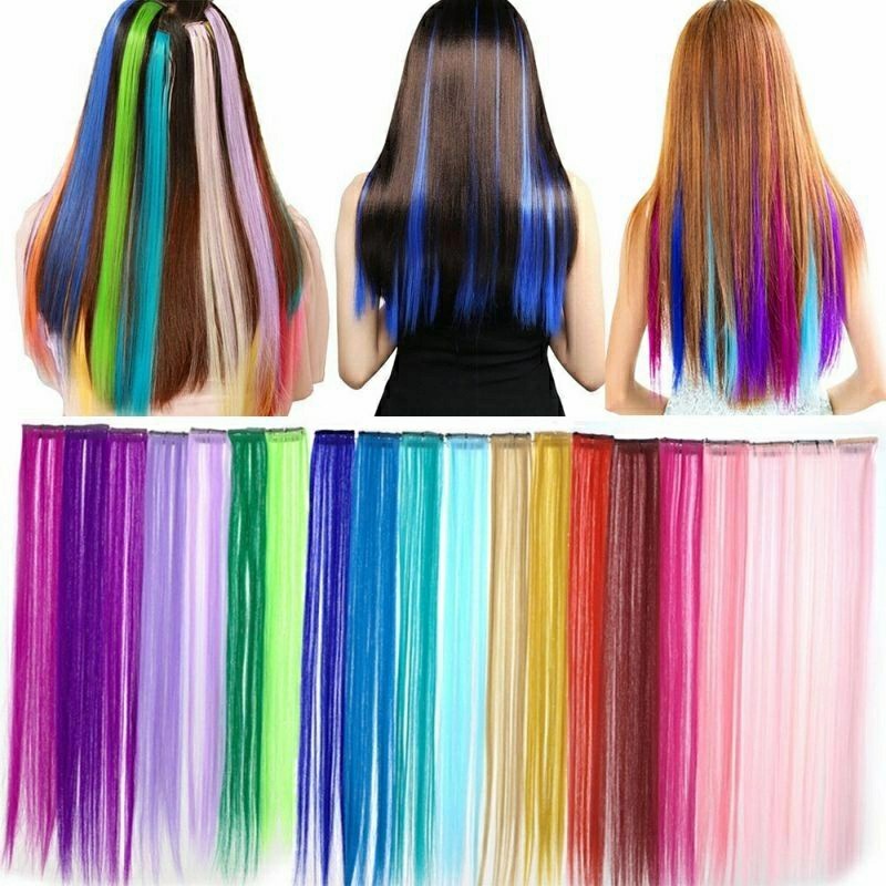 Rambut palsu wig halus hair clip highlight yang panjang jepit extension extention warna warni wanita anak remaja perempuan Hairclip Hair Clip On Extention Ombre Warna Warni Hairpiece