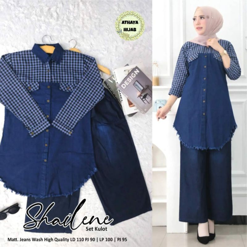 Setelan Wanita Jeans Atasan Tunik LD 105 LD 110 One Set Wanita Tunik Kulot Jeans Kekinian By Athaya 